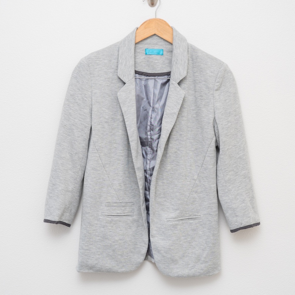 Buttons Gray Knit Open Front Blazer 3/4 Sleeve Size Medium